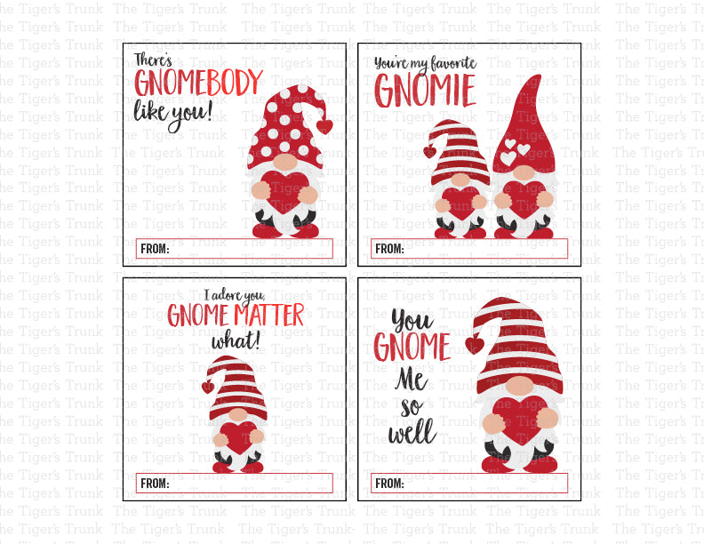 Digital download Valentine tags featuring gnome designs, 8 unique and colorful options, perfect for kids and party favors.