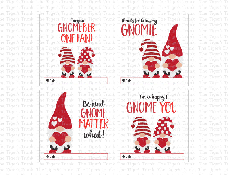 Digital download Valentine tags featuring gnome designs, 8 unique and colorful options, perfect for kids and party favors.
