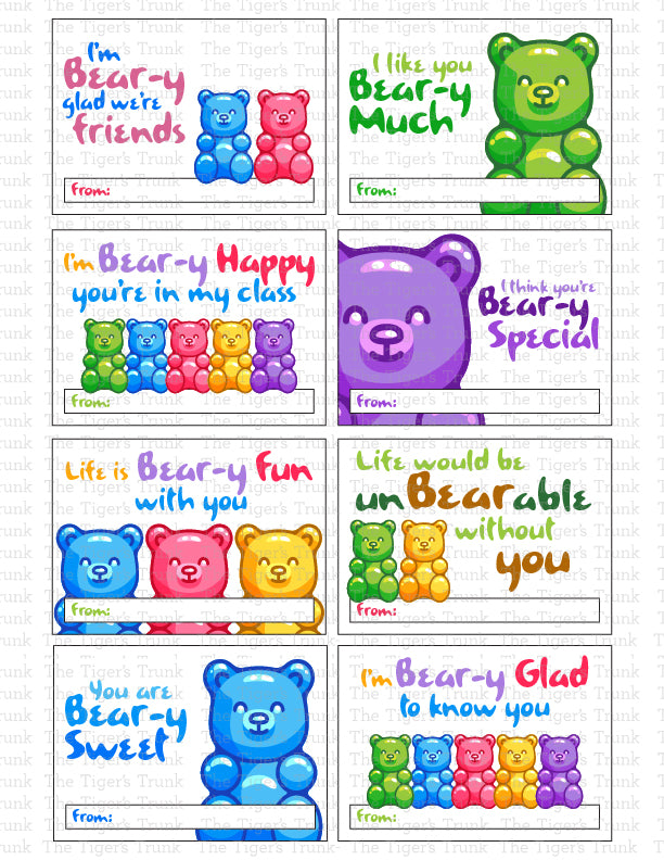 Printable Valentine's card featuring a colorful gummy bear design, ideal for pairing with gummy bear treats.