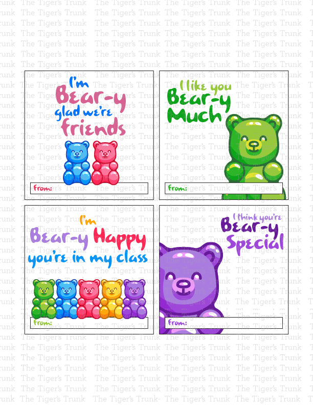 Printable Valentine’s tags featuring gummy bear designs, perfect for kids’ treat bags and classroom exchanges, instant download.