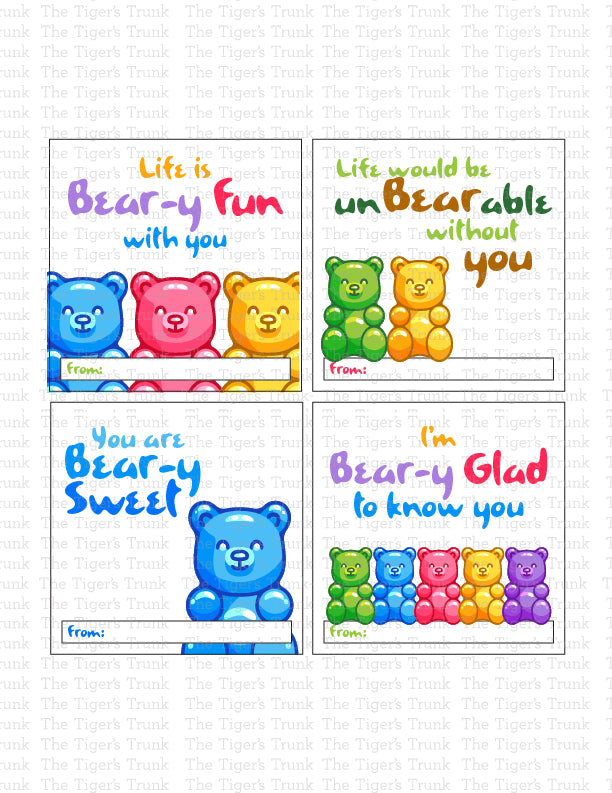Printable Valentine’s tags featuring gummy bear designs, perfect for kids’ treat bags and classroom exchanges, instant download.