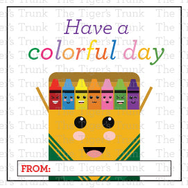Digital download crayon-themed Valentine square tags featuring vibrant designs and playful phrases, perfect for kids.