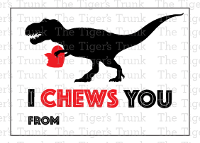 Digital Valentine’s cards featuring "I Chews You" with a dinosaur silhouette holding a bitten heart, perfect for kids, instant download.
