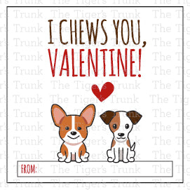 Printable puppy Valentine square tags with 8 unique designs, instant download, perfect for classroom favors or gift tags.