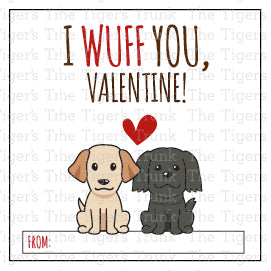 Printable puppy Valentine square tags with 8 unique designs, instant download, perfect for classroom favors or gift tags.