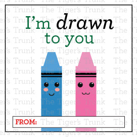 Digital download crayon-themed Valentine square tags featuring vibrant designs and playful phrases, perfect for kids.