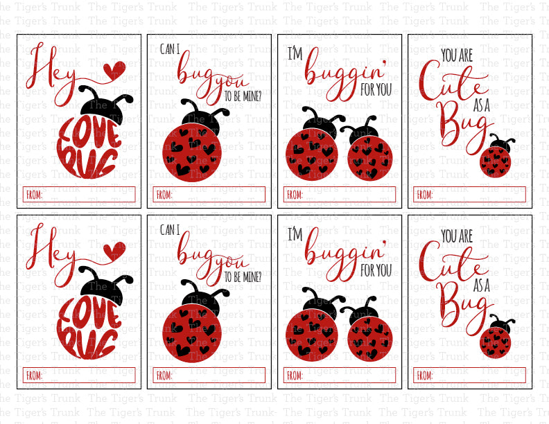 Valentine’s cards with a ladybug theme featuring messages like "Can I Bug You to Be Mine?" and "You Are Cute as a Bug."