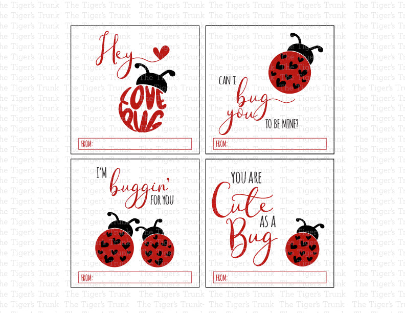 Ladybug-themed Valentine’s tags with messages like "Can I Bug You to Be Mine?" and "You Are Cute as a Bug," ideal for gift bags and classroom exchanges.