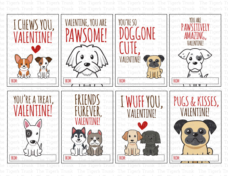 Printable puppy Valentine cards with 8 unique designs, instant download, perfect for classroom or party exchanges.