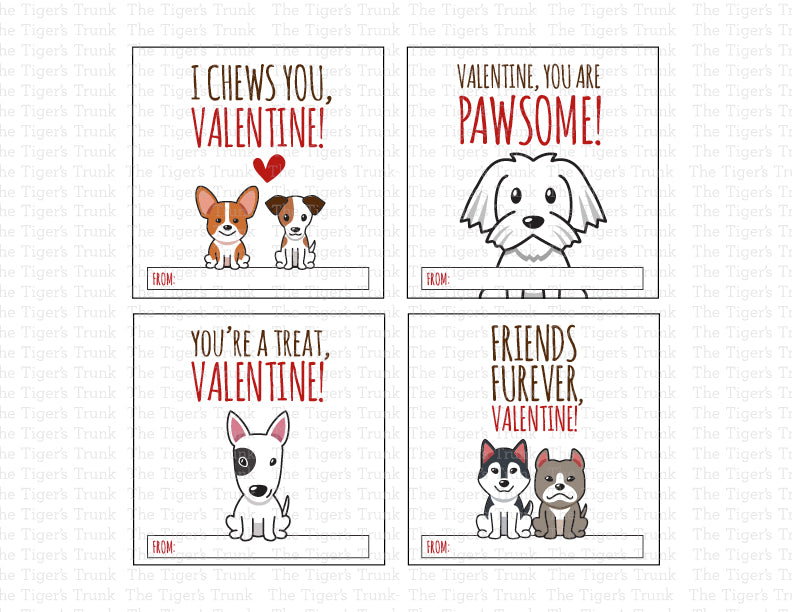 Printable puppy Valentine square tags with 8 unique designs, instant download, perfect for classroom favors or gift tags.