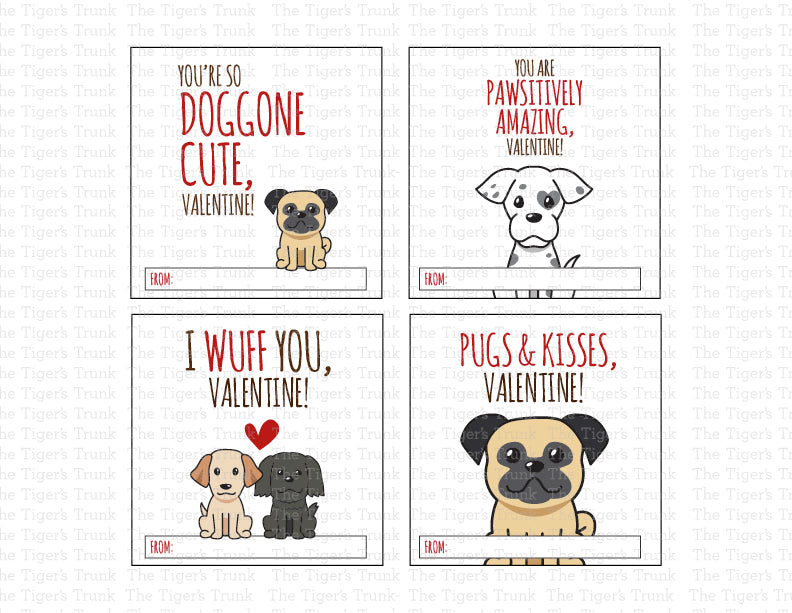 Printable puppy Valentine square tags with 8 unique designs, instant download, perfect for classroom favors or gift tags.