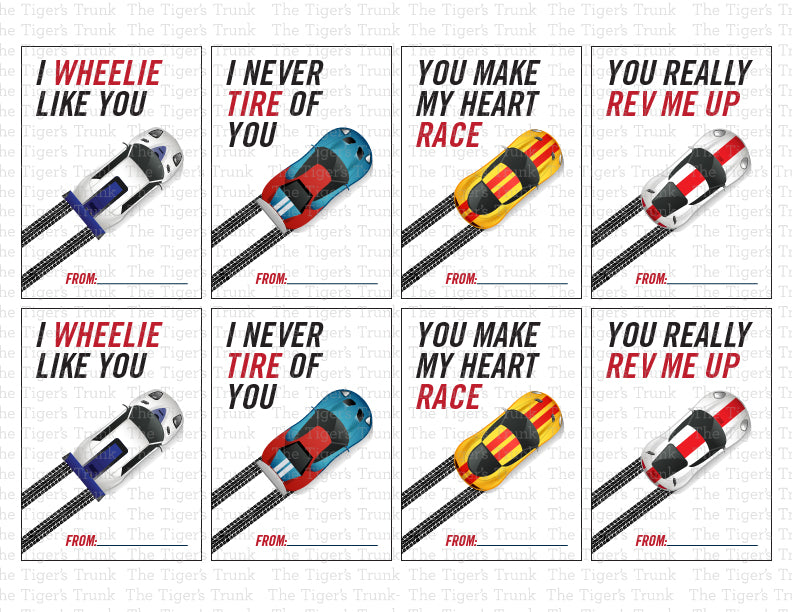 Printable digital Valentine’s cards with racecar designs, 8 unique designs and 4 slogans, perfect for kids and classroom exchanges.