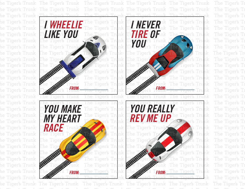 Printable Valentine’s tags featuring racecar designs, 4 unique designs, ideal for kids’ classroom exchanges and treat bags.