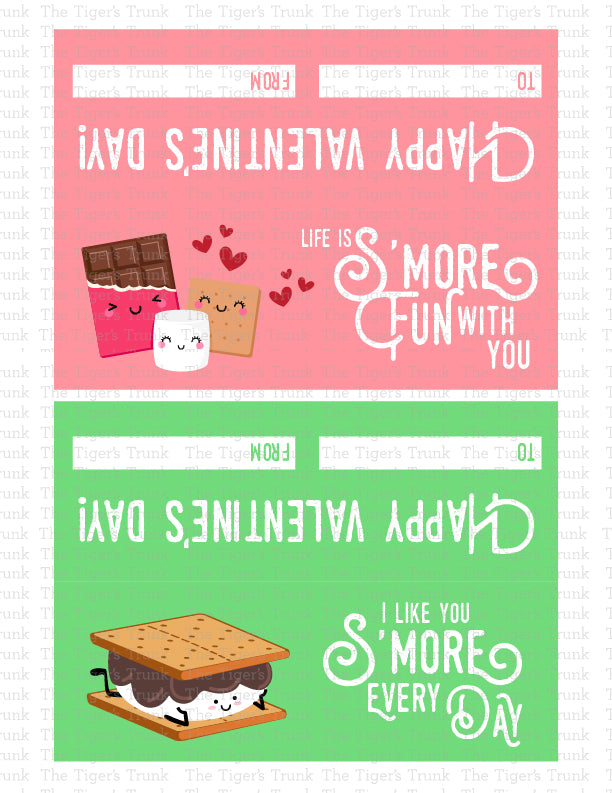 S'more-themed Valentine’s tags sized to fit quart-sized storage bags, featuring messages like "I Need S'More Friends Like You" and "Life is S'More Fun with You."