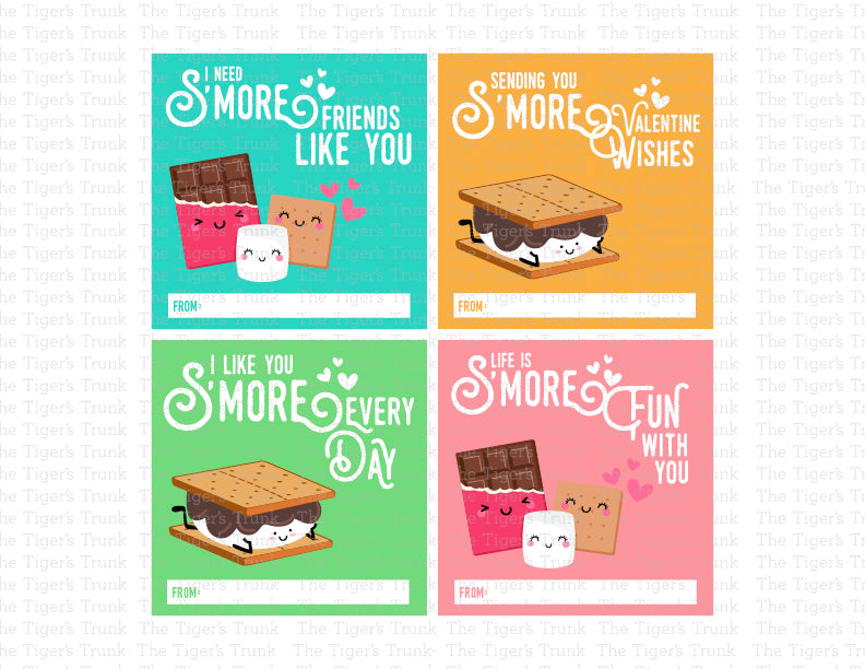Printable campfire-themed Valentine’s tags featuring messages like "I Need S'more Friends Like You" and "Life is S'more Fun with You."