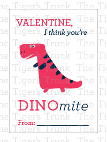 Printable dinosaur Valentine cards with colorful designs and the phrase "Valentine, I Think You’re DINOmite!" Instant download.
