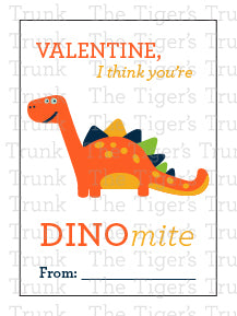 Printable dinosaur Valentine cards with colorful designs and the phrase "Valentine, I Think You’re DINOmite!" Instant download.