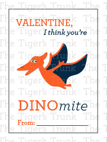 Printable dinosaur Valentine cards with colorful designs and the phrase "Valentine, I Think You’re DINOmite!" Instant download.