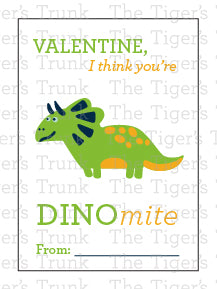 Printable dinosaur Valentine cards with colorful designs and the phrase "Valentine, I Think You’re DINOmite!" Instant download.