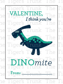 Printable dinosaur Valentine cards with colorful designs and the phrase "Valentine, I Think You’re DINOmite!" Instant download.