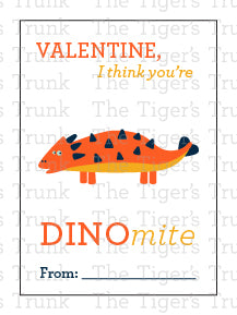 Printable dinosaur Valentine cards with colorful designs and the phrase "Valentine, I Think You’re DINOmite!" Instant download.