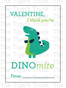 Printable dinosaur Valentine cards with colorful designs and the phrase "Valentine, I Think You’re DINOmite!" Instant download.