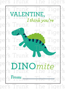 Printable dinosaur Valentine cards with colorful designs and the phrase "Valentine, I Think You’re DINOmite!" Instant download.