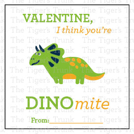 Printable Valentine tags with colorful dinosaur designs and the phrase "Valentine, I Think You’re DINOmite!" Perfect for kids, instant download.