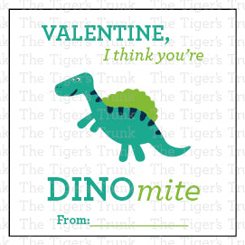 Printable Valentine tags with colorful dinosaur designs and the phrase "Valentine, I Think You’re DINOmite!" Perfect for kids, instant download.