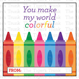 Digital download crayon-themed Valentine square tags featuring vibrant designs and playful phrases, perfect for kids.