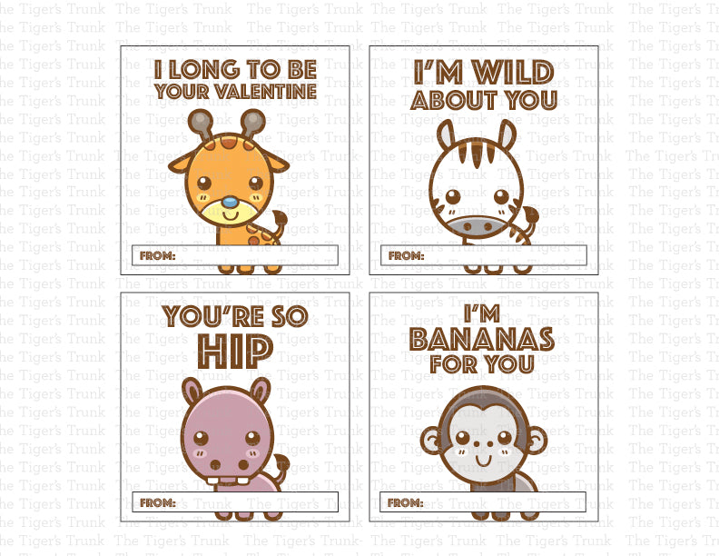 Printable Valentine tags with animal-themed puns, instant download, perfect for classroom Valentine gifts, non-candy treats, and party favors.