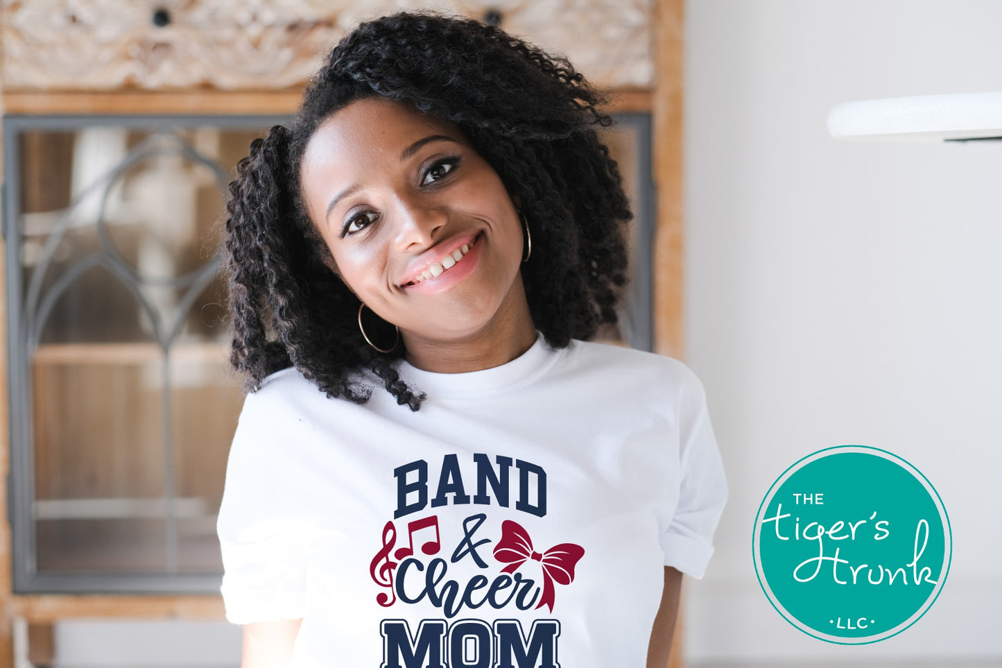 Custom Band and Cheer Mom shirt with bow and music note accents, personalized in school colors for spirited game day wear