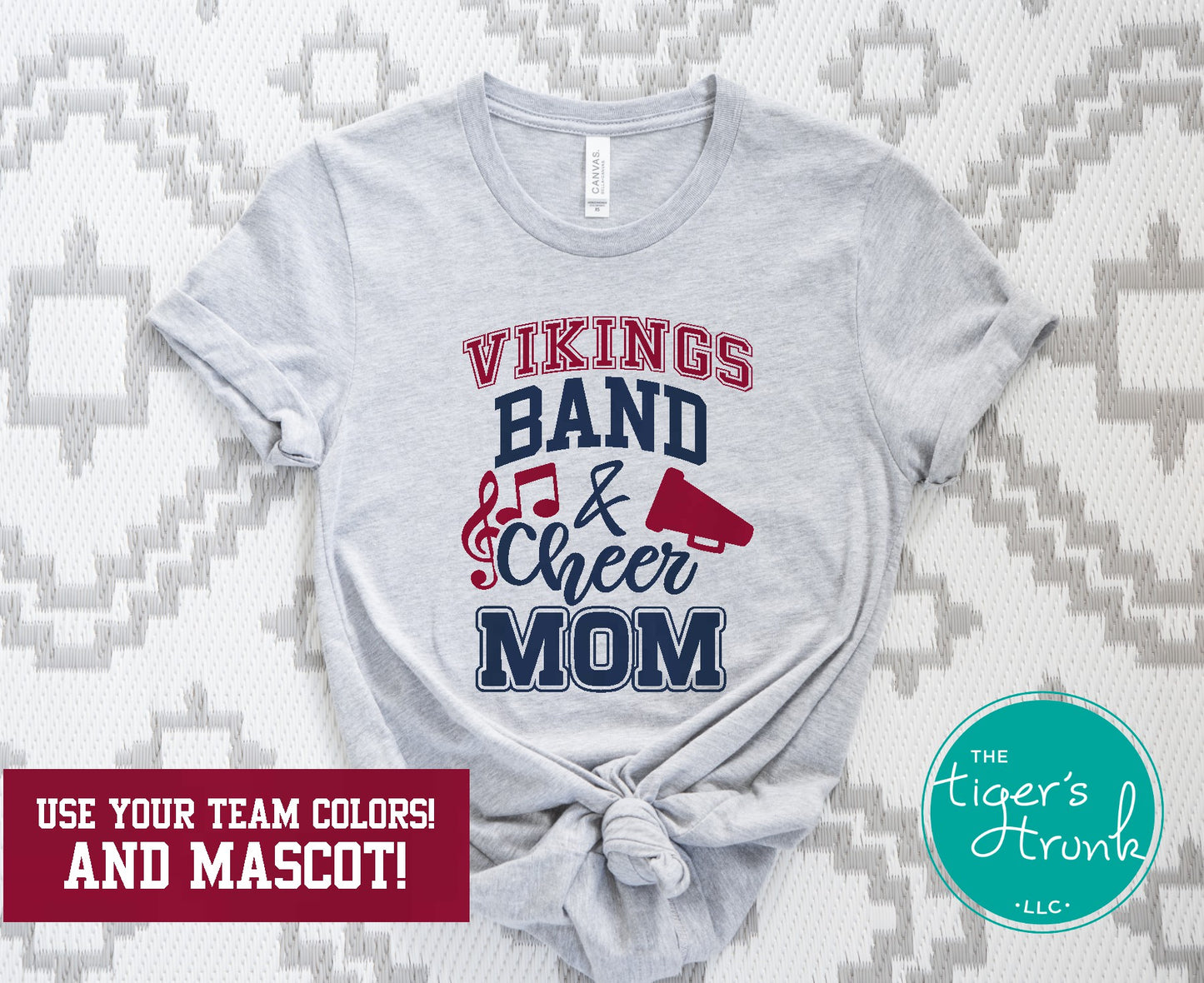 Band and Cheer Mom shirt personalized with megaphone and music notes design, school colors, and mascot name for spirited sideline style