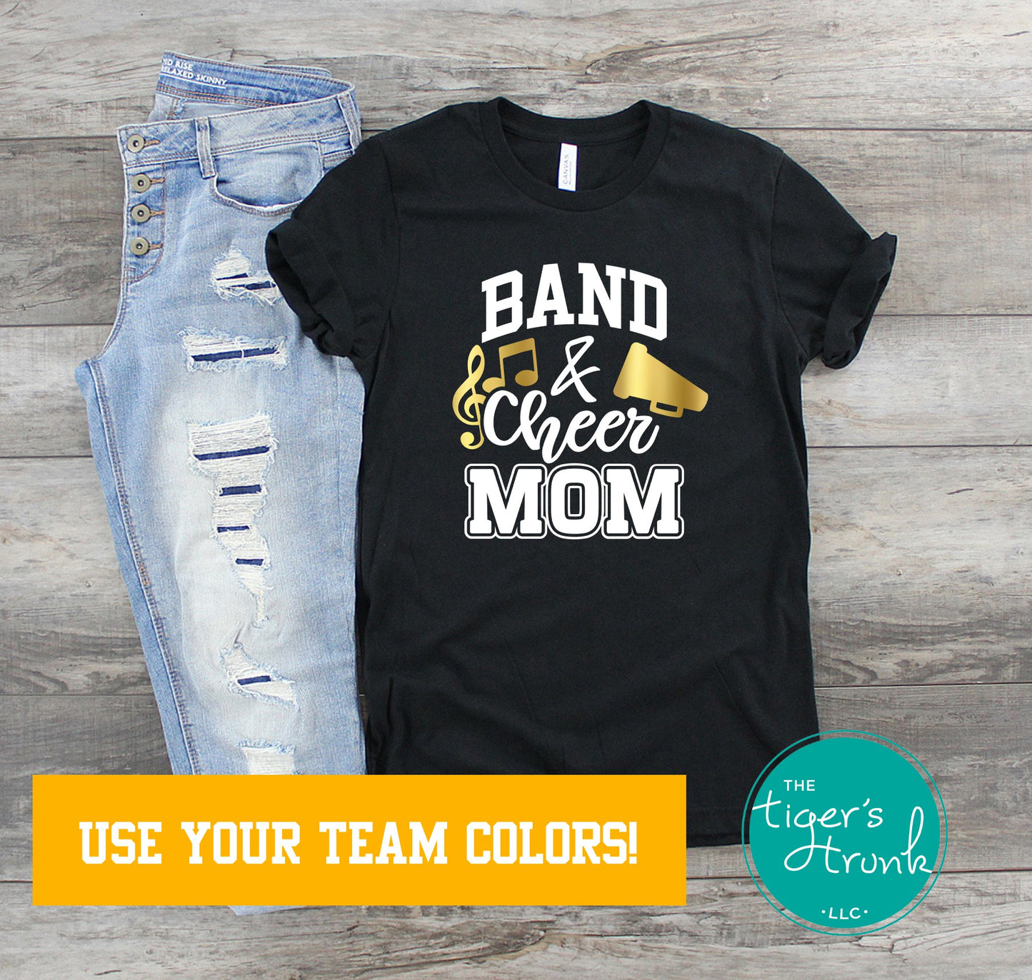Black Band and Cheer Mom shirt with white font, gold megaphone, and musical notes, customizable school spirit tee in team colors