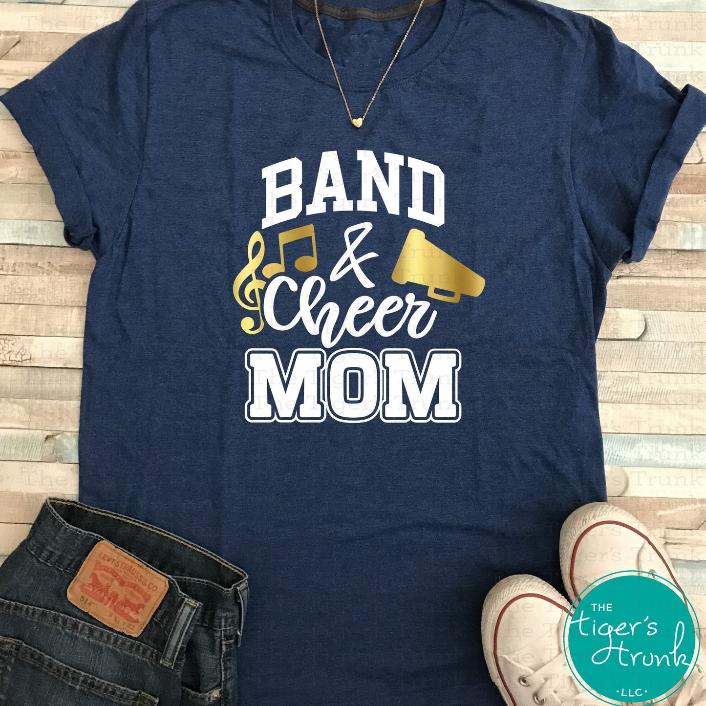 Band and Cheer Mom shirt with megaphone and music notes design, personalized in school colors for game day spirit wear