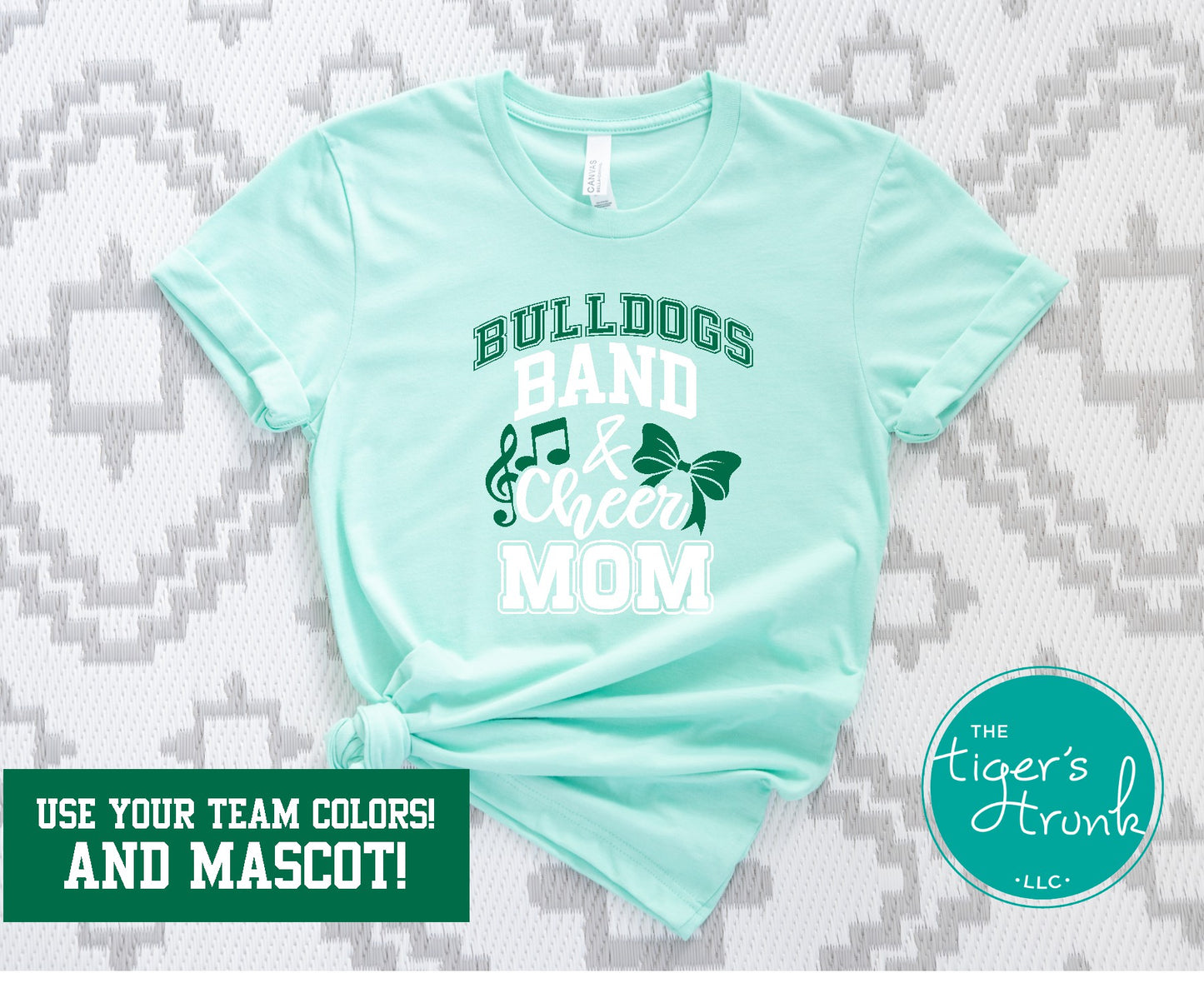 Custom Band and Cheer Mom shirt with bow and music notes, personalized in school colors and mascot name for spirited team support