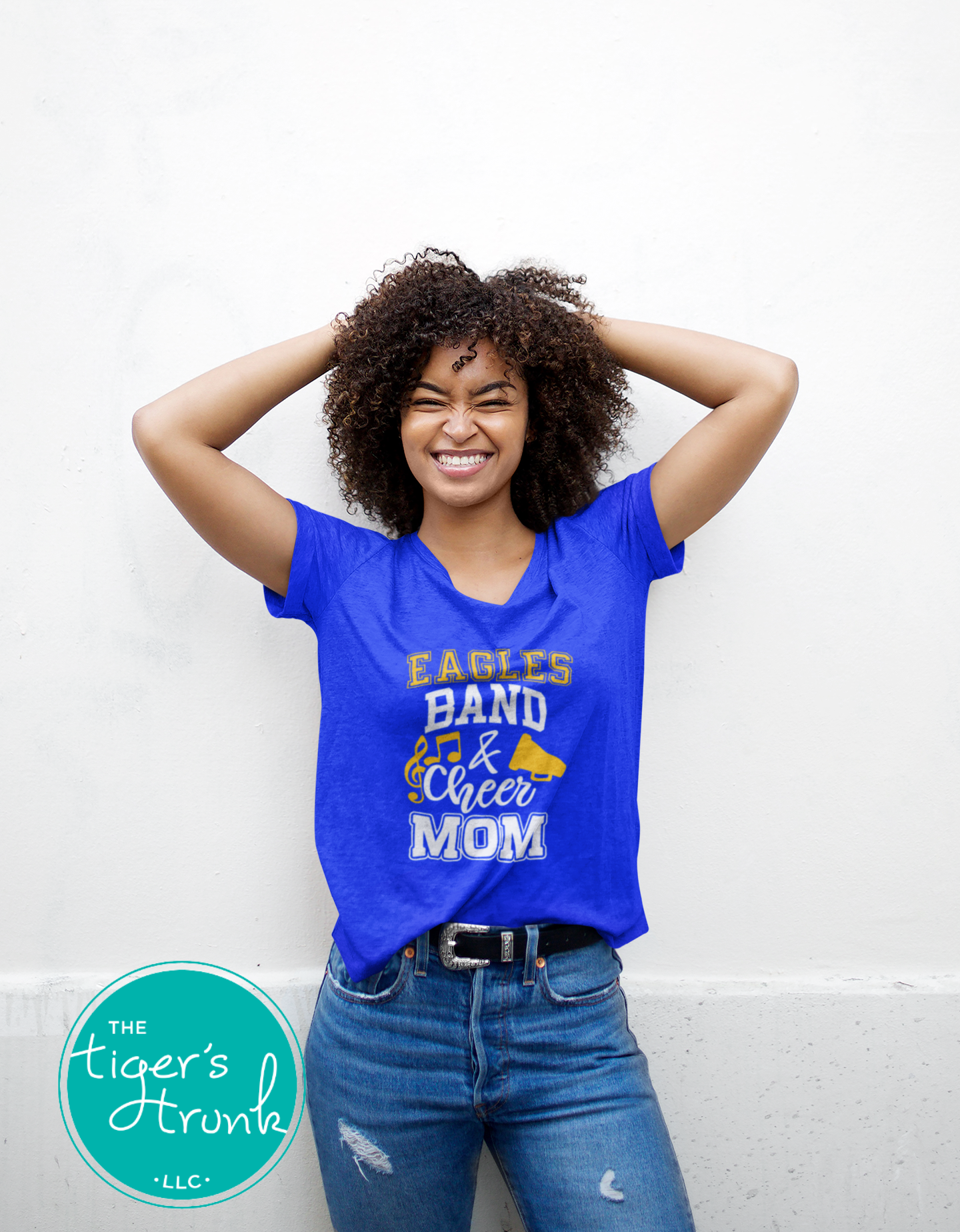 Band and Cheer Mom shirt personalized with megaphone and music notes design, school colors, and mascot name for spirited sideline style