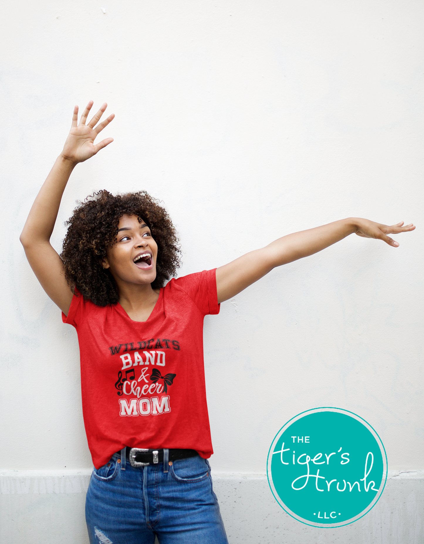 Custom Band and Cheer Mom shirt with bow and music notes, personalized in school colors and mascot name for spirited team support
