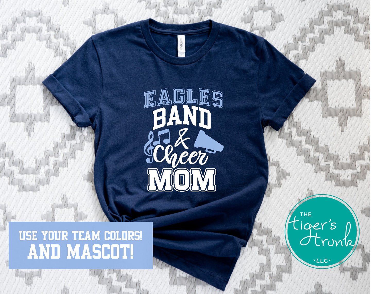 Band and Cheer Mom shirt personalized with megaphone and music notes design, school colors, and mascot name for spirited sideline style