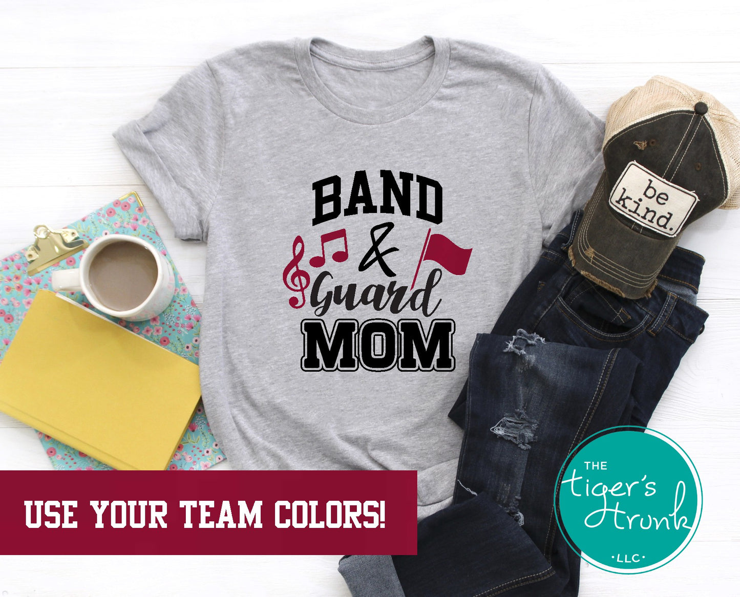 Custom Band and Guard Mom shirt with flag and music notes, personalized in school colors for spirited marching band and color guard support