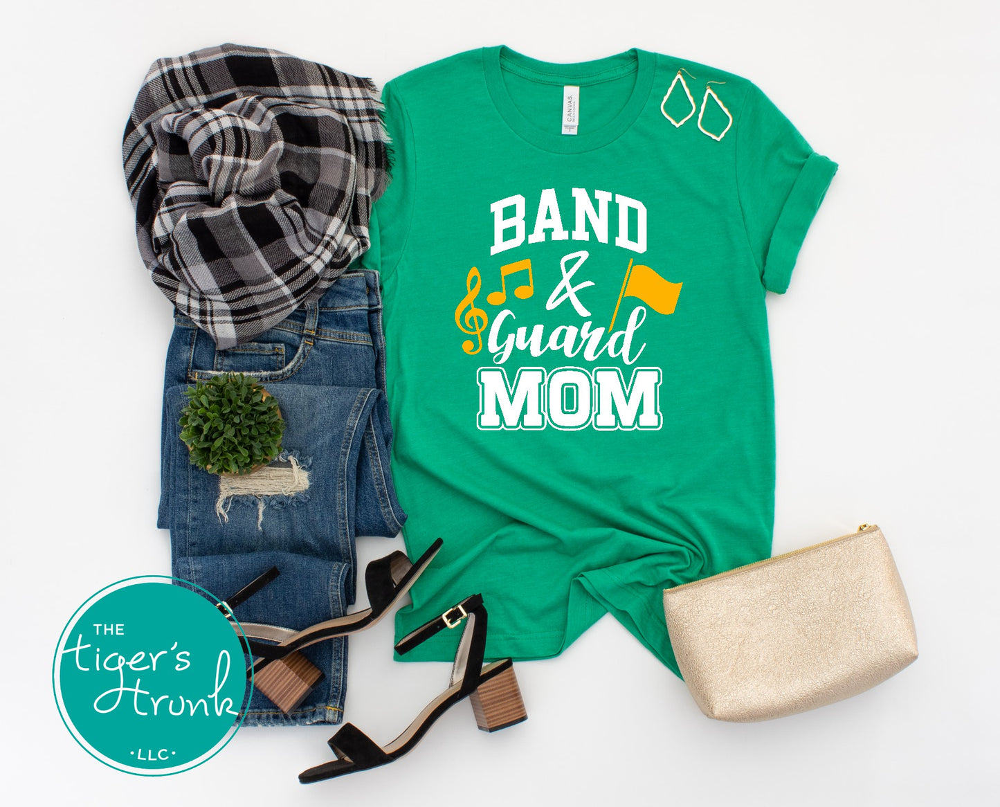 Custom Band and Guard Mom shirt with flag and music notes, personalized in school colors for spirited marching band and color guard support