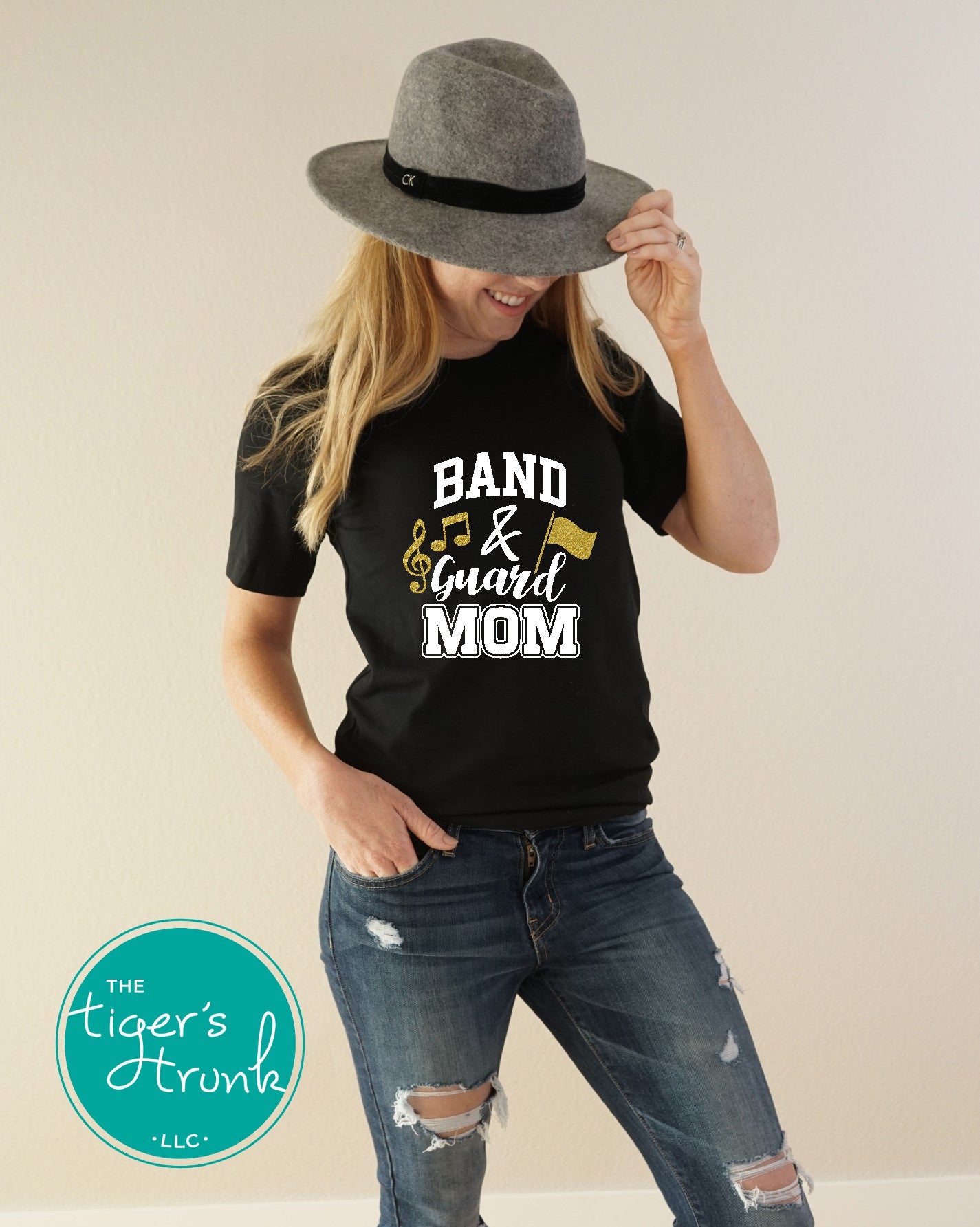 Custom Band and Guard Mom shirt with flag and music notes, personalized in school colors for spirited marching band and color guard support