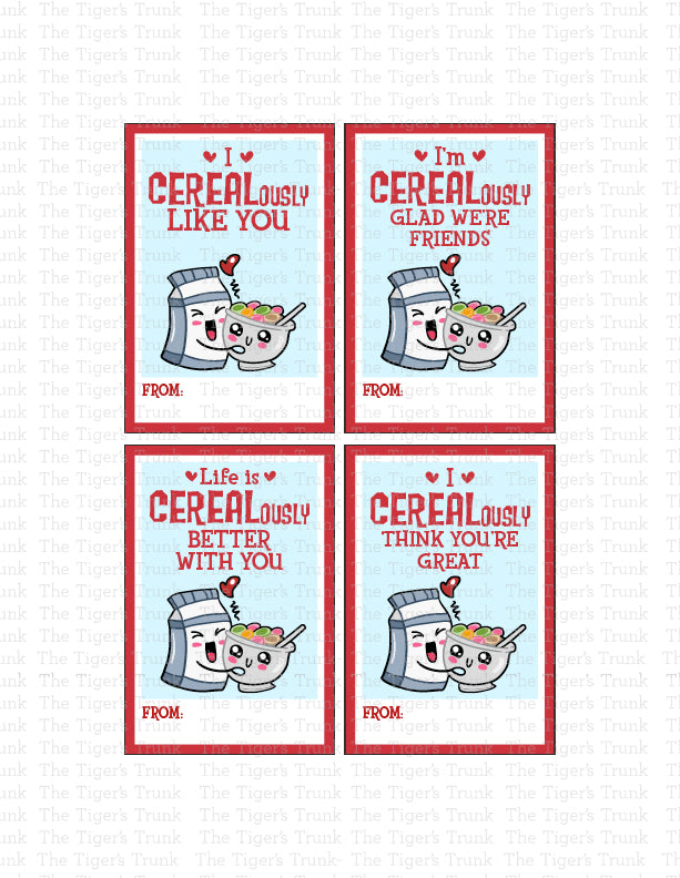 Printable rectangular cereal-themed Valentine’s cards featuring fun messages like "I CEREALously Like You" and "Life is CEREALously Better with You."