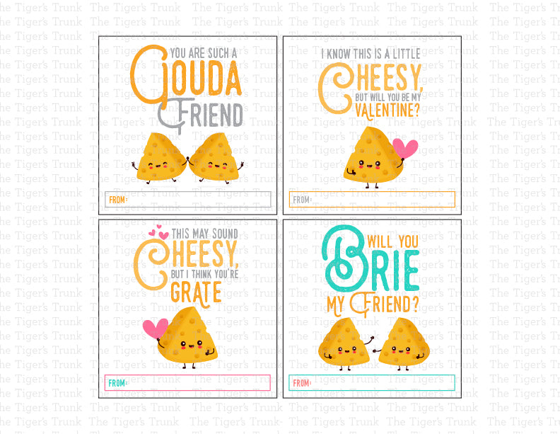 Printable funny Valentine tags with cheese puns, instant download snack gift tags for classroom, kids, and Valentine exchanges.