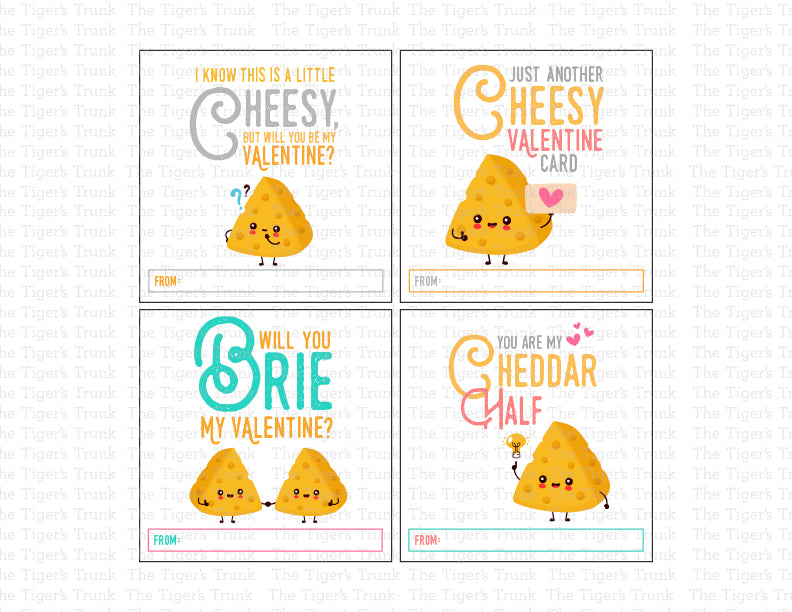 Printable funny Valentine tags with cheese puns, instant download snack gift tags for classroom, kids, and Valentine exchanges.