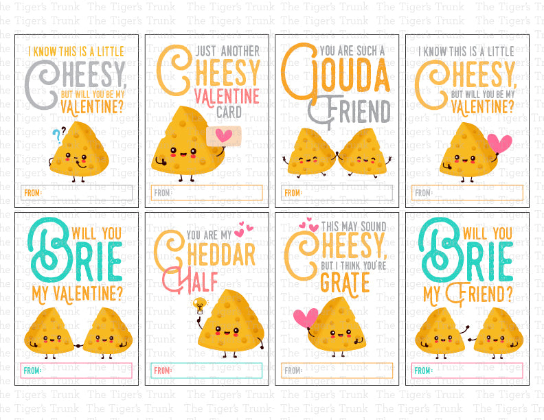 Funny printable Valentine cards with cheese puns, instant download snack-themed Valentine gift cards for classroom, kids, and party favors.