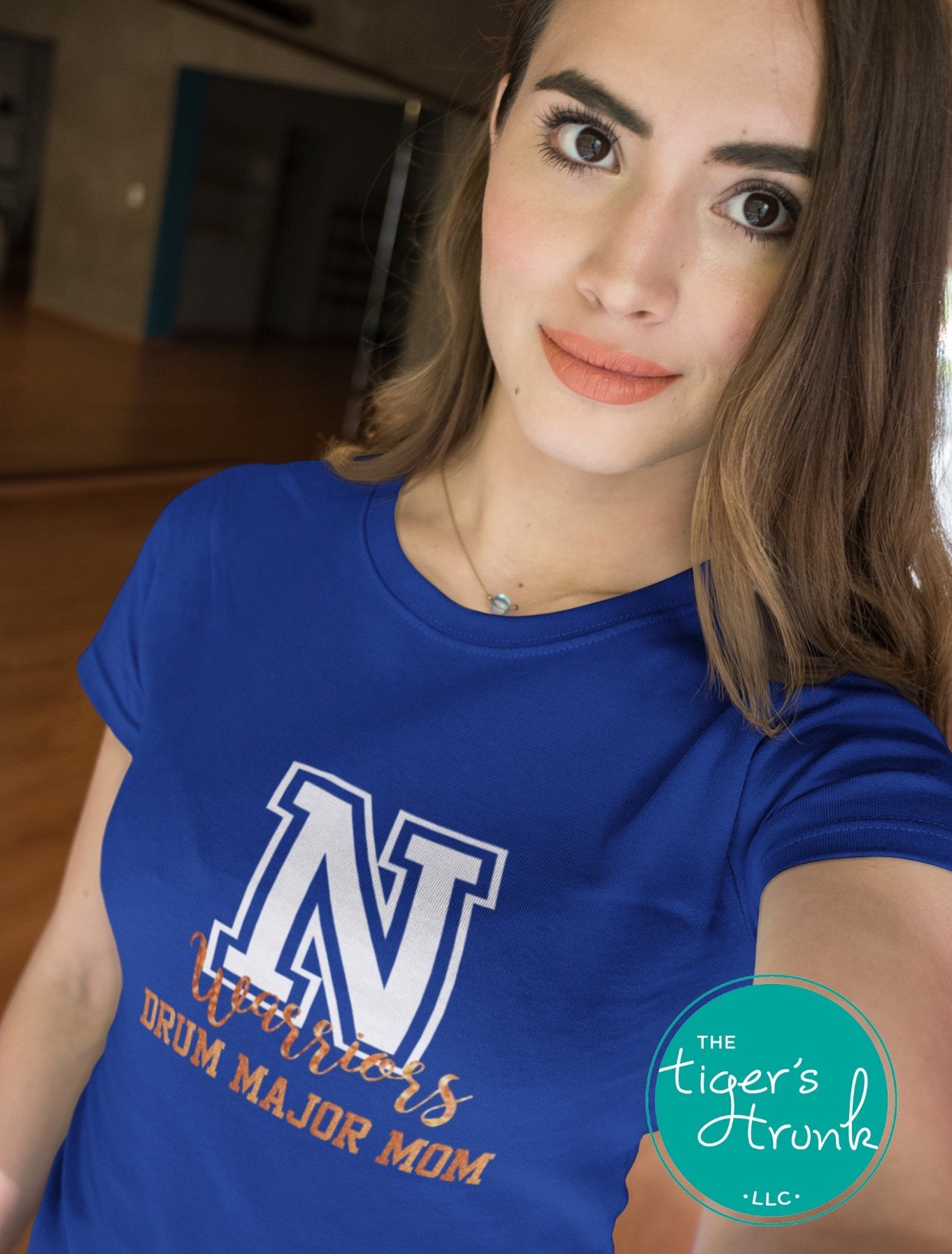 Custom Drum Major Mom shirt with personalized school letters, mascot name, and team colors, marching band spirit wear