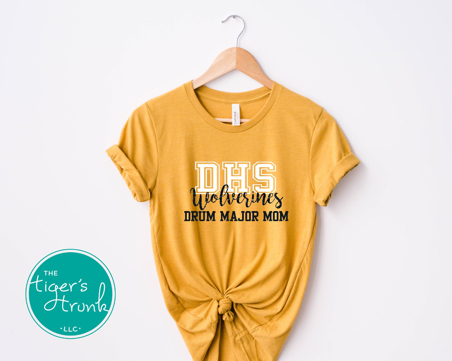 Custom Drum Major Mom shirt with personalized school letters, mascot name, and team colors, marching band spirit wear