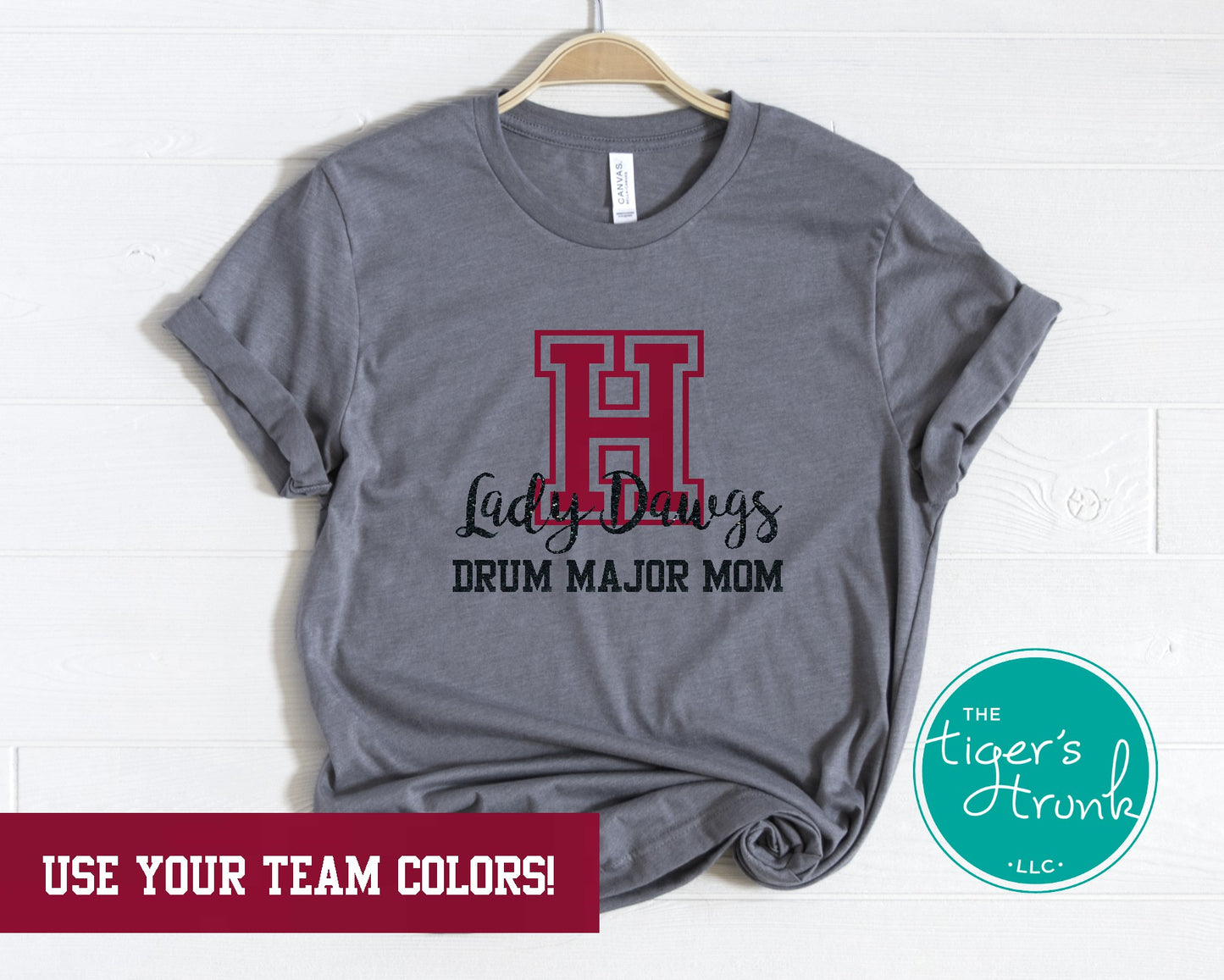 Custom Drum Major Mom shirt with personalized school letters, mascot name, and team colors, marching band spirit wear