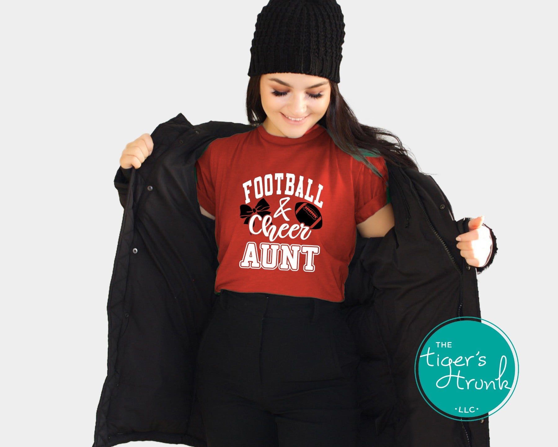 Custom Football and Cheer Aunt shirt with football and hairbow graphic, personalized with school colors and team mascot for spirit wear